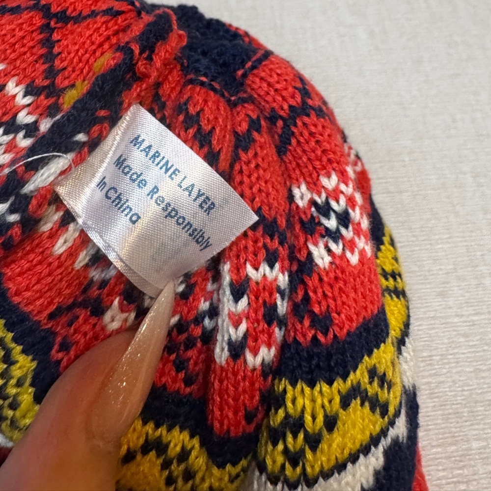 Marine Layer Pom Beanie One Size Red and Blue w/Hearts 2022 - Picture 3 of 4